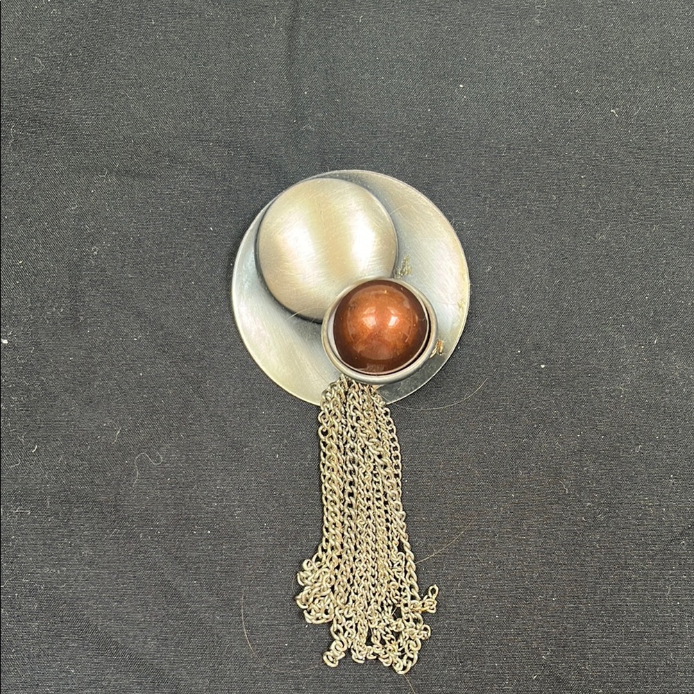 Round Metal Brooch with Chain Tassels
